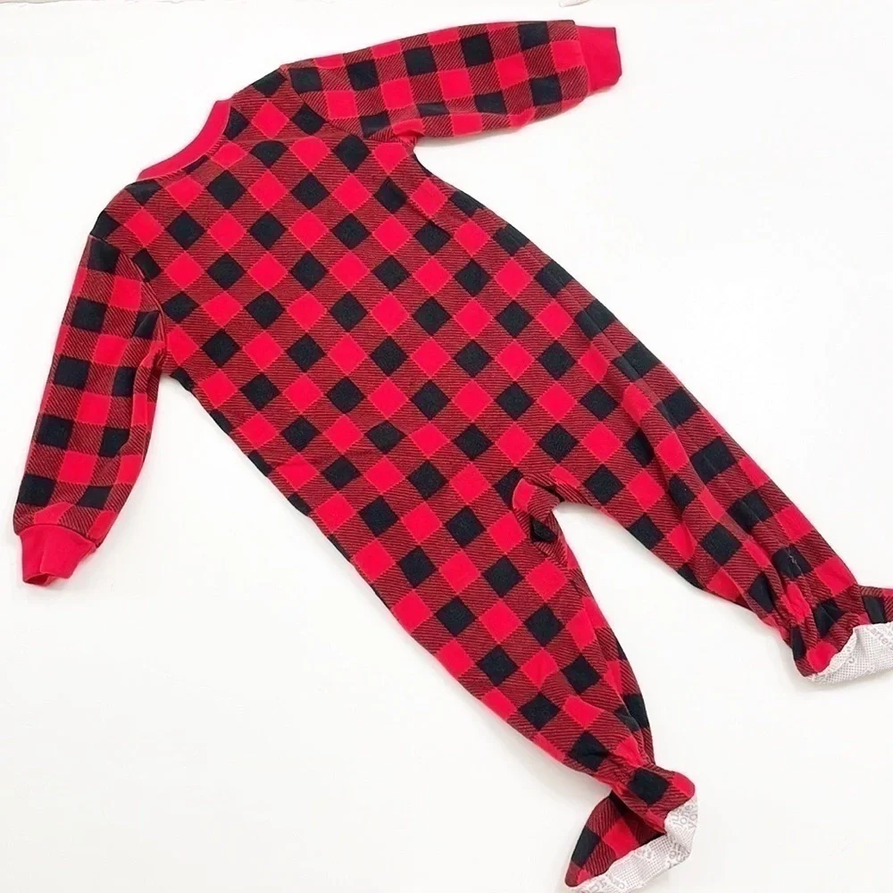 Carter's red/black plaid print Christmas reindeer fleece zip up sleeper footie
